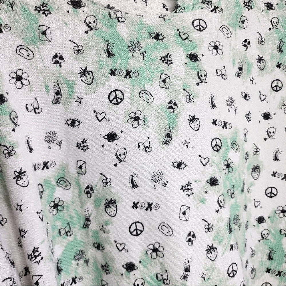 BP Hoodie Kangaroo Pocket Aliens Flowers Peace Sign Fruit White Green Large - Picture 2 of 9
